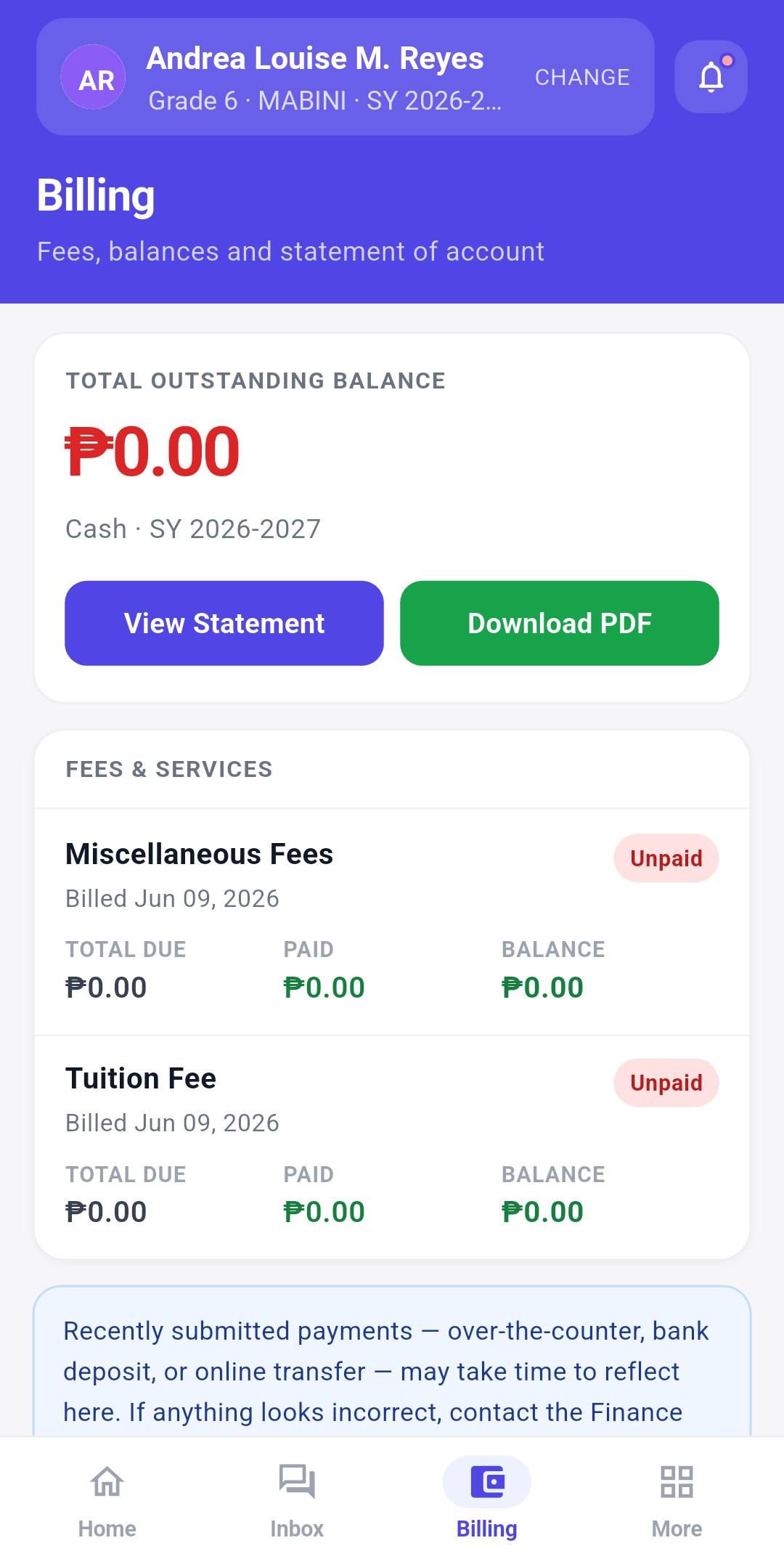 Sanayan parent app billing screen with outstanding balance and statement of account
