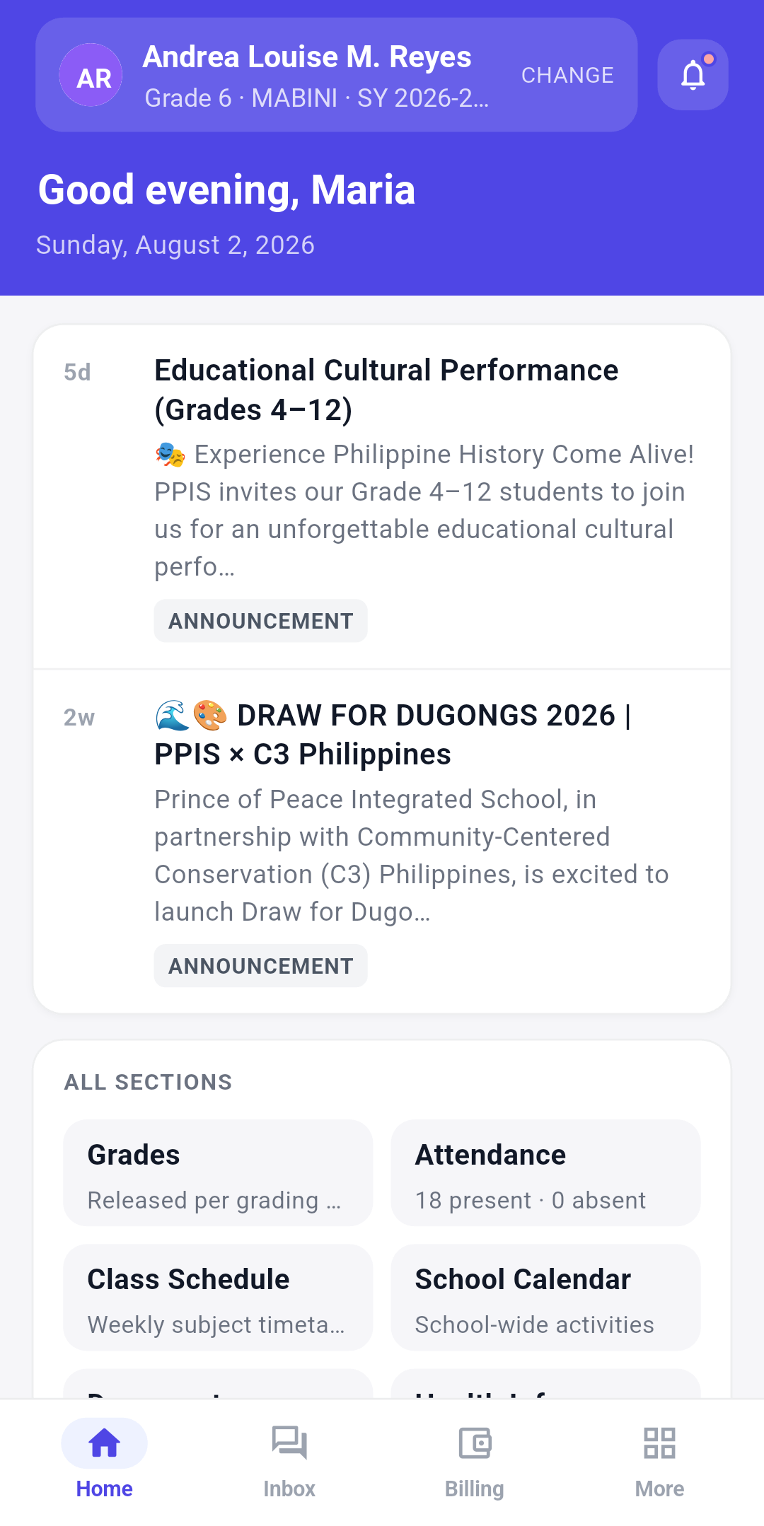 Sanayan parent app home screen showing announcements, grades, attendance, and schedule cards