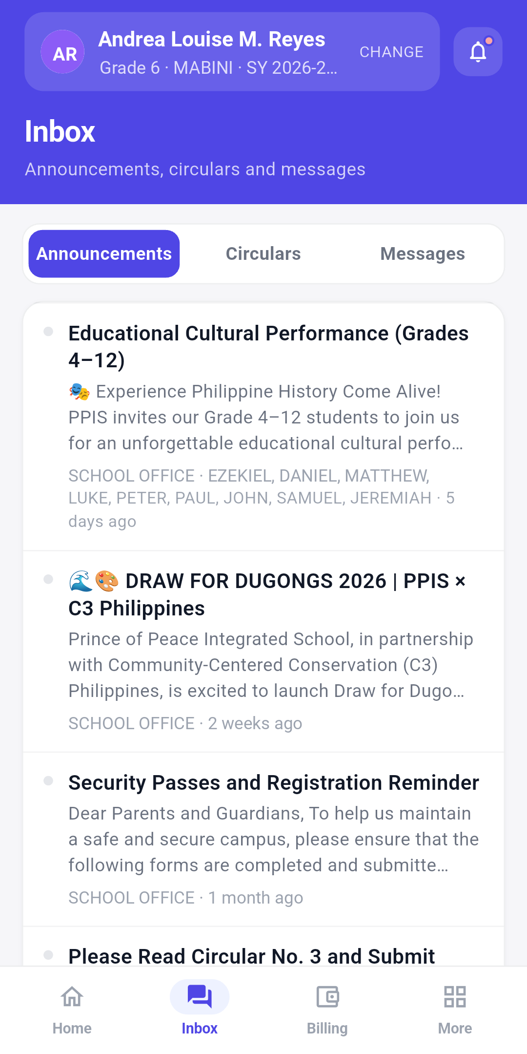 Sanayan parent app inbox with announcements, circulars, and messages tabs