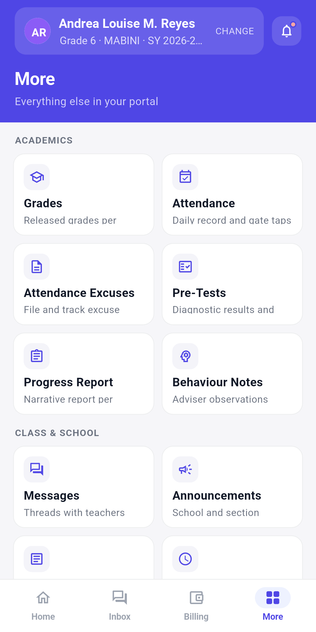 Sanayan parent app More screen listing grades, attendance, excuses, pre-tests, and messages